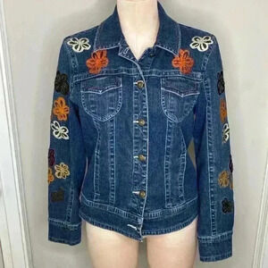 Vintage Ann Trinity Denim Jean Jack with Embroidered Flowers Womens Size Medium